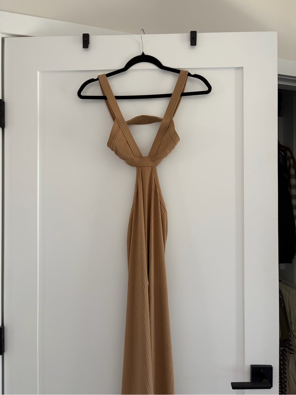 Indah Body Women’s Tan Ribbed Maxi Dress with V-Neck
